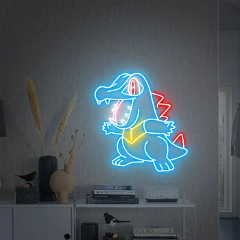 Неонова реклама с участието на динозавър в стила аниме, сладък Тотошка, неонова реклама, осветление стена, на закрито, декор за детска стая