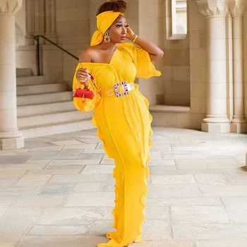 Африкански рокли за жени 2020, ново есенно-лятно елегантна рокля в африканския стил с V-образно деколте, дълга рокля макси размер плюс и кърпа на главата