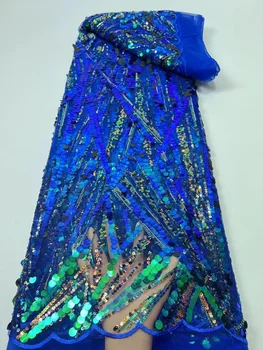 Лейси плат с кралските сини пайети, луксозно африканска френска окото лейси плат, лейси плат в нигерийската последователност за сватбена рокля