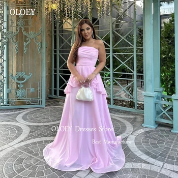 OLOEY 2023 Прости розови вечерни рокли, трапецовидна форма, без презрамки, копринени, дълги до пода, в Дубай, арабските рокли за абитуриентски бал, дълга вечерна рокля