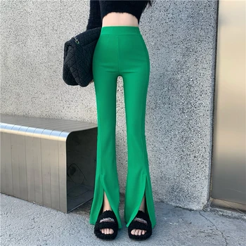 Нова година разкроена стрейчевые гамаши женски зелени луксозни разкроена панталони Корейски модни обувки градинска облекло пролет офис панталони