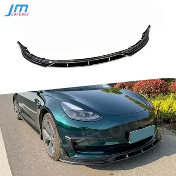 ABS-въглеродни влакна вид, предна броня, спойлер за брадичката, бодикит за Tesla, модел 3, 3 бр./компл., черен гланц