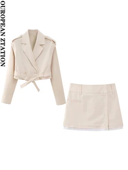 Дамски модни 2023 година с пайети, съкратен яке с завязанным колан или контрастная мини-пола със средна засаждане, комплекти от две части mujer