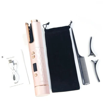 Безжична автоматична плойка маша за коса, USB-маша, LCD дисплей, безжична керамични въртящи се инструменти маша, розов