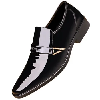 Мъжки обувки за сватба от микрофибър, бизнес мъжки модел обувки с остър бомбе, мъжки обувки-oxfords на равна подметка, големи размери 39-44