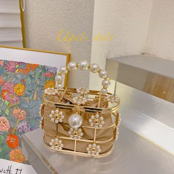 Луксозна дизайнерска дамска чанта в метална клетка, украсена с перли и мъниста, вечерна дамска чанта, клатч за сватбени партита, чанта-месинджър през рамо