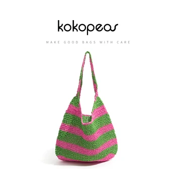 KOKOPEAS, лятна слама чанта-тоут от лико, ежедневни дамски чанти през рамо с голям капацитет, шарени плажни чанти ръчна изработка, чанта през рамо