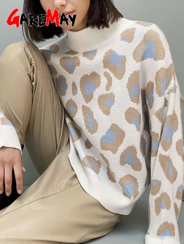 Зимни женски пуловер 2023 с леопардовым принтом и животните, основната бяло поло, жилетка оверсайз, реколта топли възли блузи за жени