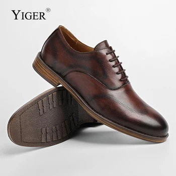 YIGER, мъжки обувки-дерби, модел обувки, мъжки обувки за сватба в британски стил ретро с полирани, големи размери, официалната обувки от естествена кожа