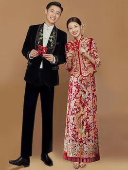 Жена китайското велюровое сватбена рокля с бродерия на дракон и феникс, елегантна яка-часова, булчински облекла за наздравици Чонсам