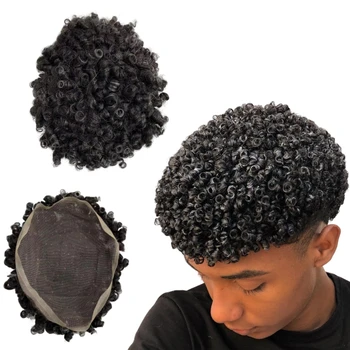 Подмяна на човешки косъм бразилски девственици #1b20, сива перука с завитком 15 мм 7x9, пълен с шнур за черни мъже
