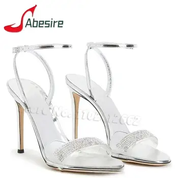Дамски сандали на висок ток с кръгла пръсти, украсени с пайети, блестящи летни кристални обувки на тънките високи токчета, елегантни обувки за сватбеното парти с каишка на щиколотке