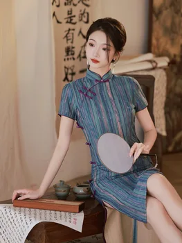 Дамски Памучен Бельо Ципао Традиционната Китайска Облекло Супериорна Чонсам Копчета с Къс Ръкав