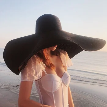 Сламени шапки с широка периферия 25 см за жените, летни плажни шапки за пътуване, сгъваеми плажни шапки големи размери, дамски слънчеви шапки с защита от uv