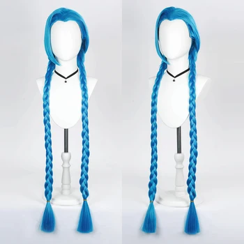 Играта LOL Jinx Cosplay перука 120 см сини дълги плитки cosplay перуки термоустойчиви синтетични косми, за жени, момичета вечерни ролеви игри перуки