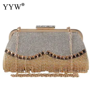 Луксозна дамска чанта-клатч с диамантена пискюл и горната дръжка, метална верижка, чанта-месинджър през рамо, чанта-месинджър от изкуствена кожа с кристали