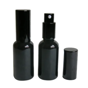 500 бр./лот, 30 мл, лъскаво черен стъклен флакон с капак за лосион, малка бутилка с помпа за етеричното масло