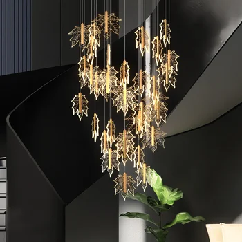 Led висящи лампи стълбищна полилей прости декоративни лампи в скандинавски стил, ресторантско изкуство, двухуровневое сграда, празна зала, кленов лист