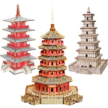 Китайска 3D дървена храмова пъзел Leifeng пагода Модел на сградата САМ Сглобяване на пъзел забавни играчки за детски подарък