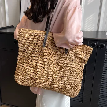 Нова текстурная дамска чанта с голям капацитет 2023, ракита сламена чанта-тоут на едно рамо за Bolsa Feminina