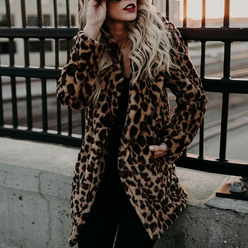 Дамско зимно луксозно леопардовое палто, дебело и топло модни горна дреха от изкуствена кожа с дълъг ръкав и принтом, яке от изкуствена кожа, плюшен облекло