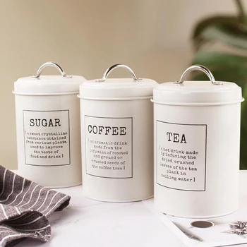 Комплекти съдове за кафе и захар, с капачка Селска комплект от 3 на метални кутии за съхранение на чай, кафе, захар, туба, кофа за боклук, гърне, кухненски контейнер