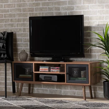 WI12071 Модерна Къса Двухдверная поставка за телевизор Yuna средата на века от Естествен кафяво дърво и черен метал, Бор
