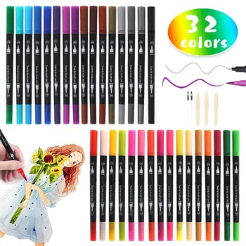 32 Цветни художествени маркер химикалки, шапките с двоен фитил, набор от 0,4 мм, цветното пискюл, акварел, молив за място за рисуване на манга