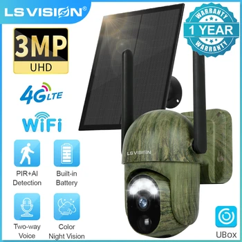 LS VISION 3MP Слънчева безжична камера за сигурност, откриване на човек / животно, 2-лентов разговор, IP66, водоустойчив камуфляжная място за лов