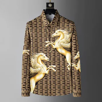 Мъжки новата пролетна риза на европейската лукс с принтом пегас, trend модерен бизнес случайни топ за партита, за пътуване до работа, универсален случайни топ
