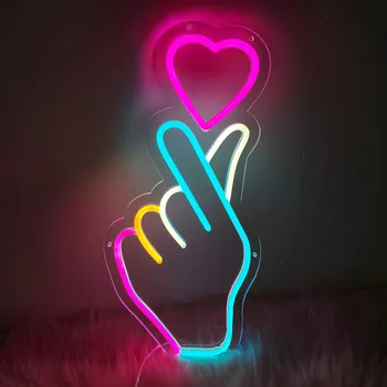 Неонови надписи под формата на пальчикового сърцето премиум-клас K-Pop Сърце Hand Led Sign - розов символ на любовта, тела за стенен декор компютър, бюро, игри стая декор