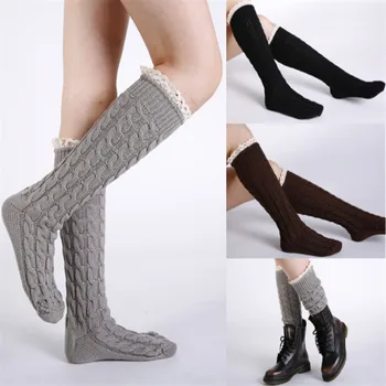 Дамски зимни Възли Дантелен Маншет за обувки С тапицерия от топлите дълги чорапи, чорапи на пода W006