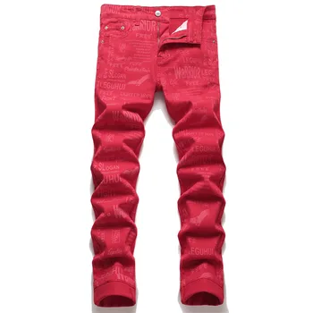 Мъжки червени дънки с цифрово принтом, слоган от букви Y2K, панталони с изображение на орел, градинска дрехи, тънки зауженные дънкови панталони участък