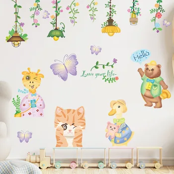 Стикери за стена с мультяшными животни, детски стаи, етикети с пеперуди и цветя, стикери за стена, тапети за детска стая, декорация на детска стая