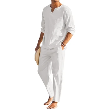 Мъжки летен комплект дрехи от памук и лен, риза Хенли с дълъг ръкав, панталони с еластичен ластик на талията, комплект дрехи за почивка