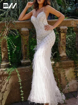 Луксозно секси вечерна рокля под формата на пера на тънки спагети презрамки, вечерна рокля Русалка, расшитое ръчно с мъниста, сватбени и шаферски рокли по поръчка с расклешенным опашка