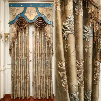 Европейската кралската луксозна кафяв жаккардовая завеса с 4D, отпечатан във формата на листата на гинко, с пълно оцветяване, за всекидневната, прозорци, спални