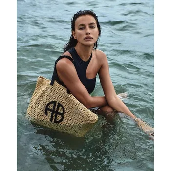 Сламена чанта-тоут с букви AnineBin * g AB голям капацитет от плетеного материал от морски водорасли, чанта ръчна изработка, тежка плажната чанта за отдих