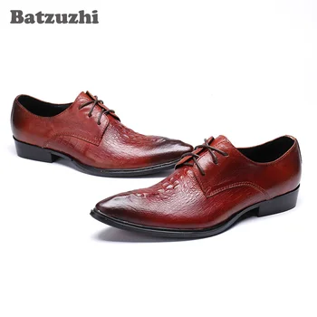 Batzuzhi/Мъжки обувки от естествена кожа В Италиански стил, с остри пръсти, дантела, Кафяви Официални Кожени Модела обувки, Сватбени Zapatos Hombre