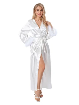 Дамски халати за баня-кимоно, сатен, халат за баня с тапицерия от пера, халат, нощница с V-образно деколте, дълга пижама за парти, облекло за почивка