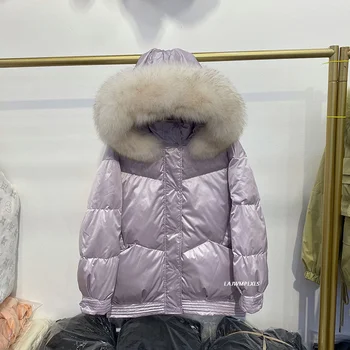 Зима 2023, нова яке, дамско яке с качулка от естествена лисьего кожа голям размер, кратко пуховое палто в бяло утином топола, женски паркове