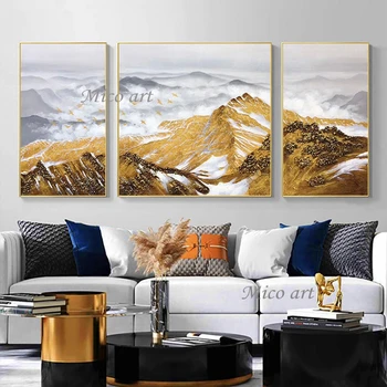 Картина от златно фолио Декор 3 бр. бескаркасная картина с планина природен пейзаж на Съвременната абстрактна текстурирани картина върху платно стенни модел