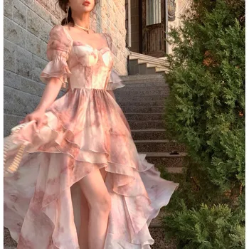 2023 Лятото елегантна винтажное рокля, свободно ежедневното принцеса рокля в плажен стил с къс ръкав, женствена рокля с цветен модел, корейската мода